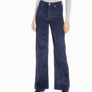 LEVI'S Ribcage Wide Leg Blue Corduroy Raw Hem High Waist Jeans Pants Size 30